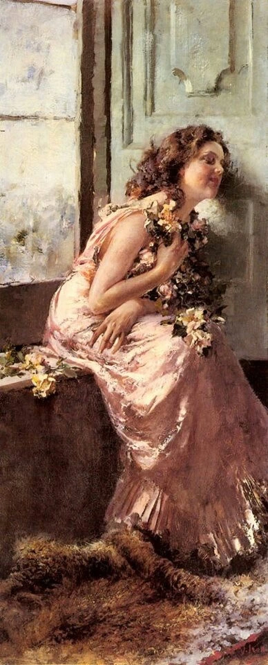 Giovane donna alla finestra con fiori
